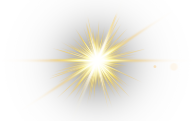Golden lens flare effect with bright star burst and glowing light rays on transparent background for creative graphic design projects and cinematic compositions