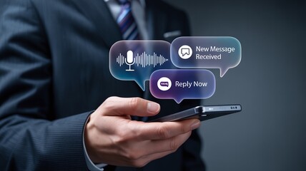 Businessman using smartphone for unified business communications with virtual icons for email voice and messaging notifications