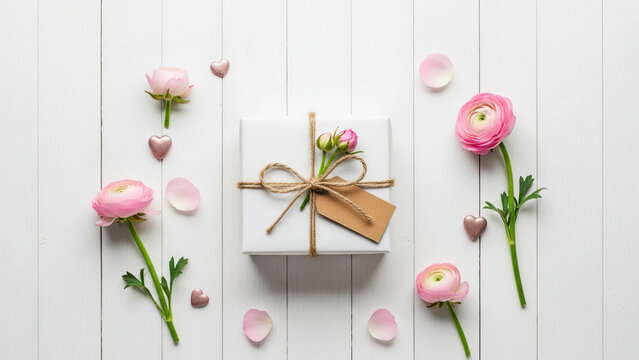 Valentine's day white wood background with pink ranunculus flowers gift box with burlap tag and twine bow pink petals and small glitter hearts flat lay top view mock up copy space