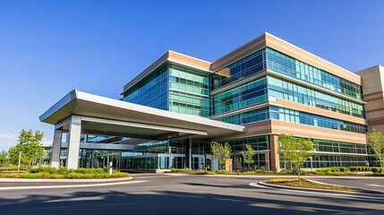 Obraz premium Modern Corporate Office Building Exterior with Canopy Entrance and Lush Landscaping in Suburban Setting
