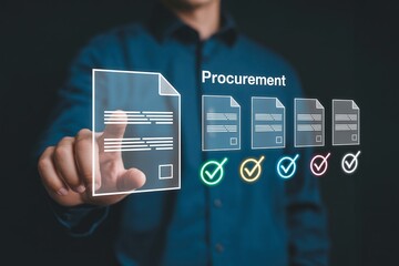 Professional businessman managing digital procurement process with virtual document checklist and automated supply chain software interface