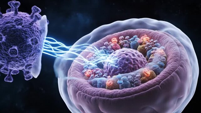 Microscopic View Of A Purple Coronavirus Particle Attacking A Human Cell With Electrical Energy Transfer In A Dark Void