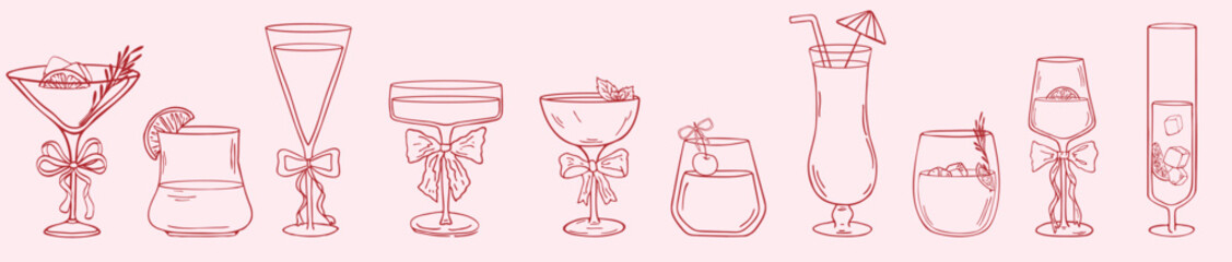 Coquette cocktails with bows hand drawn set. Cute aesthetic glasses with ribbon and bow in crayon sketch style. Girly elegant glasses, doodle, aesthetic. Cheer cocktail event Line art vector. © Arts By Meryama