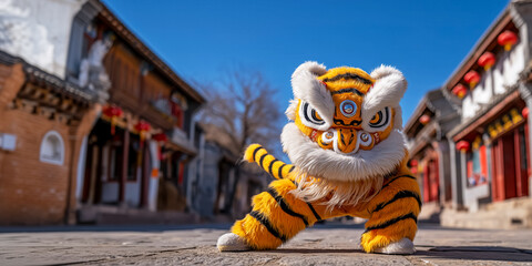 Lion dance at a festival, a portrait of a traditional dancer in full costume on a city street, copy space for Chinese New Year greetings