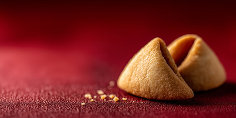 Fortune cookies on a bright red background, copy space for Happy Chinese New Year wishes