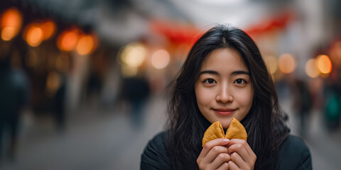 street portrait of a young woman holding a fortune cookie, copy space for Chinese New Year celebrations, street decorations for the festival with Chinese lanterns