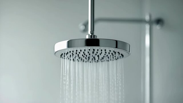 Water flowing from a shower head in a bathroom during morning routine