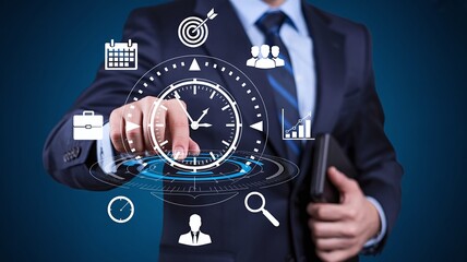 Corporate Executive Pointing at Digital Clock Interface for Professional Time Management Productivity Optimization and Strategic Business Planning