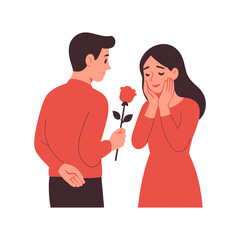 Man presenting a red rose to a shy woman in a sweet romantic gesture illustration