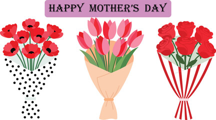 Happy mother's day bouquets of tulips in various wrappings