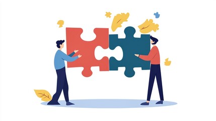 Two Business People Collaborating on a Puzzle – Teamwork, Strategy, and Problem Solving Illustration.