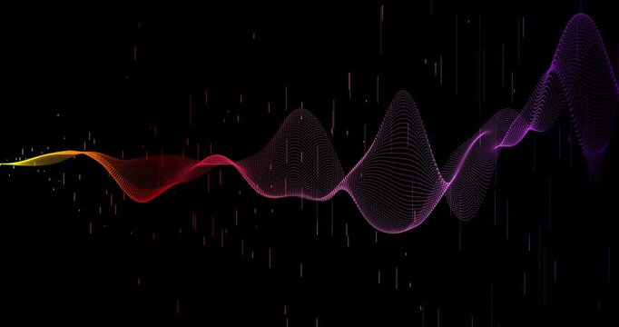 Abstract trails of particles undulate across a dark background, creating dynamic patterns. Their shimmering movement creates a sense of digital energy and depth.