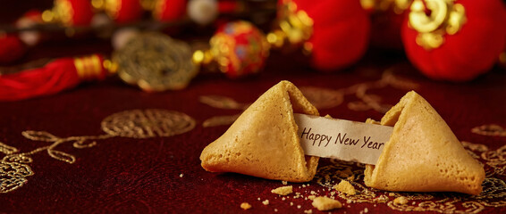 A broken fortune cookie wishing a happy new year is on a table decorated for Chinese New Year celebrations