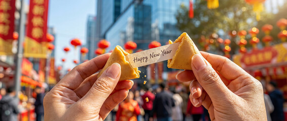 Close-up of a young Chinese woman holding a broken fortune cookie close to the camera, wishing a happy new year. Chinese New Year celebrations against the backdrop of a festival in a modern city