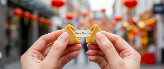 woman holding a broken fortune cookie wishing a Happy New Year, against the backdrop of a street decorated with lanterns, celebrating Chinese New Year