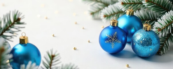 Luxurious blue & gold Christmas ornaments on pure white Perfect for holiday cards , holiday, copy space, simple