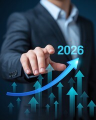 Successful Businessman Pointing to Rising Financial Growth Chart for Year 2026 Representing Corporate Future Planning and Economic Success