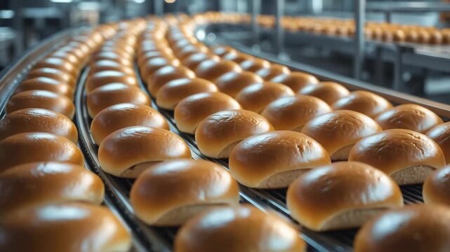 Where fresh bread rolls are made on a production line in a large factory setting