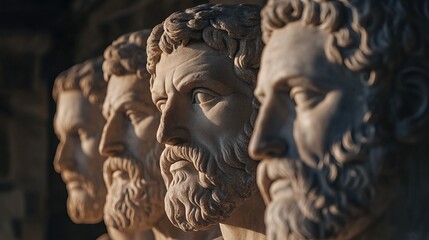 Naklejka premium Ancient Roman Busts Collection: Three Marble Portrait Heads Displaying History, Culture, and Detailed Sculptural Art.