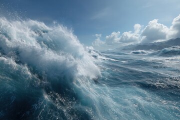 Oceanic Majesty: A striking image of the ocean, where towering waves crash and collide under a sky dotted with fluffy clouds, creating a scene of raw power and natural beauty.