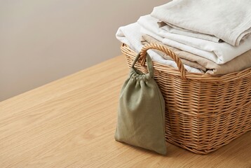 Naklejka premium Basket of folded clothes beside a small fabric bag on a wooden table