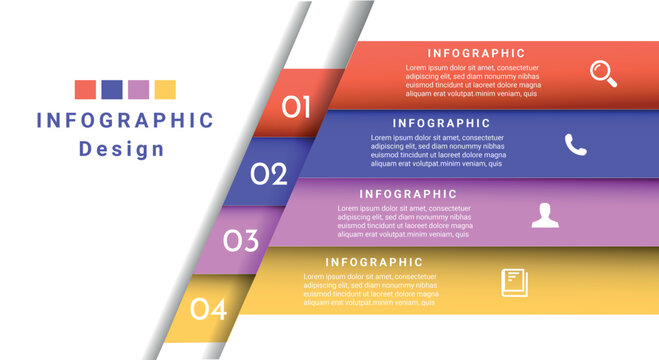 Four step infographic with diagonal layered panels, icons, and numbered sections. Vector layout for structured information display.
