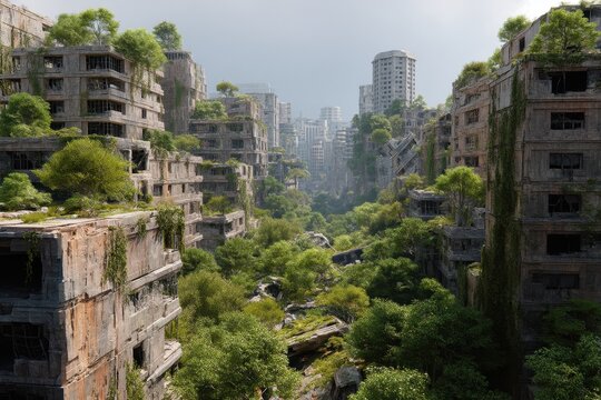 Urban Jungle: A dystopian city scene, where nature reclaims abandoned buildings, showcasing the resilience of life against a backdrop of post-apocalyptic desolation and overgrown infrastructure.