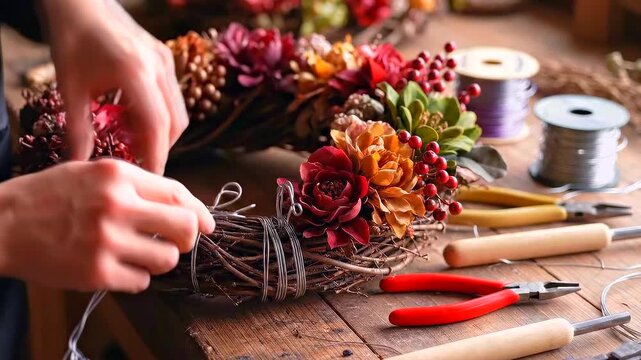 florist crafting autumn wreath closeup hands, wire and pliers on wooden bench, dried flowers and succulents, ribbon and twine, berries and petals, warm studio light, rustic handmade decoration scene