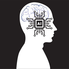 Vector icon of AI brain integrated into human head isolated on black background, representing artificial intelligence, machine learning, neural networks, and futuristic technology interface