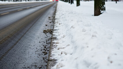 Cleared road meets snowy sidewalk, depicting winter city maintenance. Clear visual division between pavement and deep snow highlights essential winter city maintenance.