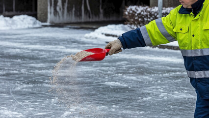 Municipal worker spreading sand on icy pavement during cold winter conditions. Safety equipment includes high visibility jacket and gloves, ensuring secure operation on hazardous icy pavement.