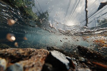 Underwater River: Explore the hidden depths, revealing the unseen beauty of a clear river with submerged stones, rippling currents, and the interplay of light and water.