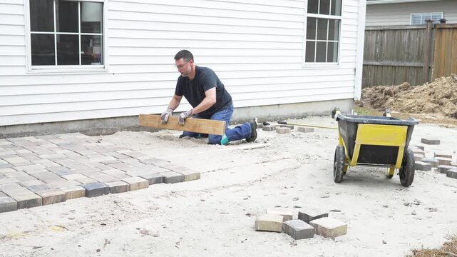 Man working on his home DIY project building a paver patio in his back yard