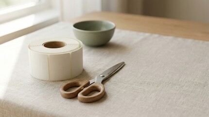Cozy craft workspace with scissors, tape and bowl