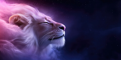 Naklejka premium Leo zodiac sign represented by the majestic male lion symbol with constellation illustration, astrological horoscope background in blue cosmic design, mystical atmosphere with copy space for text