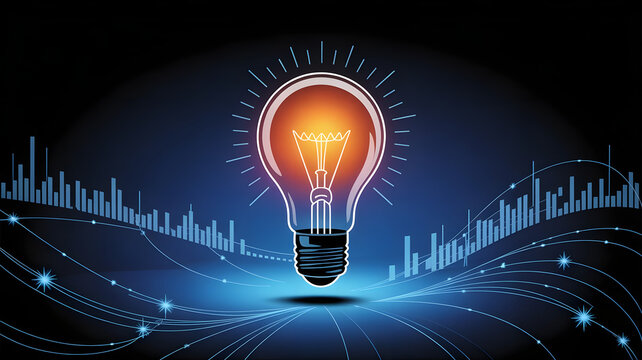 Bright light bulb shining on dark background with data processing and financial charts - Powered by Adobe