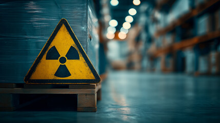 A warning sign indicating radiation hazard is positioned on a pallet in a warehouse, with blurred shelves stacked in the background.