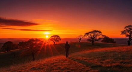 Silhouette at sunset over open field