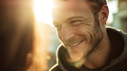 Smiling young caucasian male in sunlit urban setting