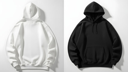 White and black hooded sweatshirts on plain background for fashion or clothing design inspiration