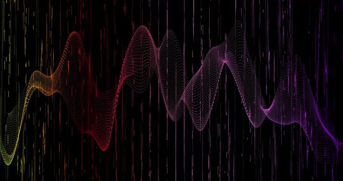 Abstract trails of particles undulate across a dark background, creating dynamic patterns. Their shimmering movement creates a sense of digital energy and depth.