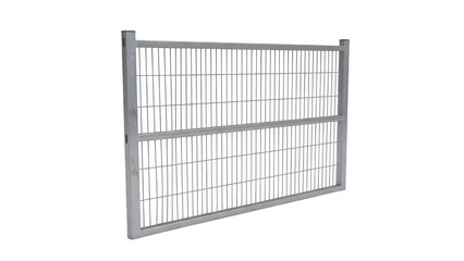 Section of galvanized steel temporary construction site security fence panel with vertical bars isolated on transparent background