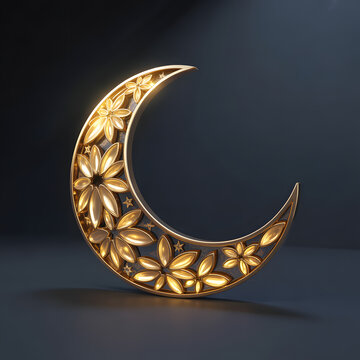 A 3d golden crescent moon icon with a Eid concept, Eid ul fiter. moon night for islamic people 