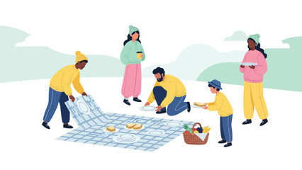 Family Winter Picnic Scene With Blanket And Food In Snowy Landscape