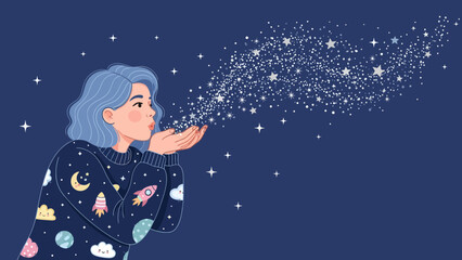 Fantasy World Girl Blowing Stars Out Of Her Hands With Space Motif Sweater