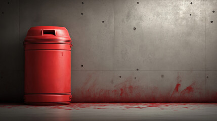 A striking red trash can stands against a concrete wall, with dark red stains pooling around its base, evoking a sense of mystery and unease.