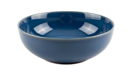 Deep blue ceramic cereal bowl with glossy interior, isolated on transparent background