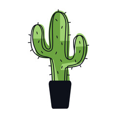 Tall cactus in pot isolated on white background, hand drawn minimal botanical vector illustration.

