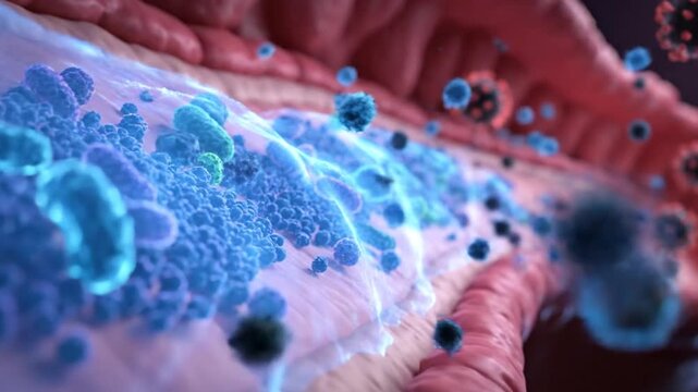 Microscopic View of Infectious Pathogens Circulating Within a Bloodstream Vessel with Diverse Bacteria and Viruses