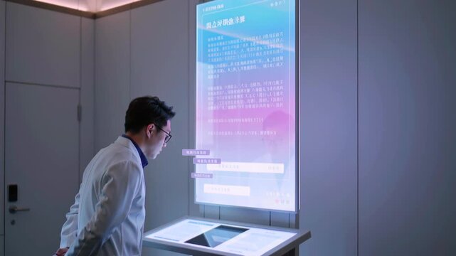 In a minimalist catalog suite, an adult Japanese scientist examines a softly animated semantic panel refining its suggestions
